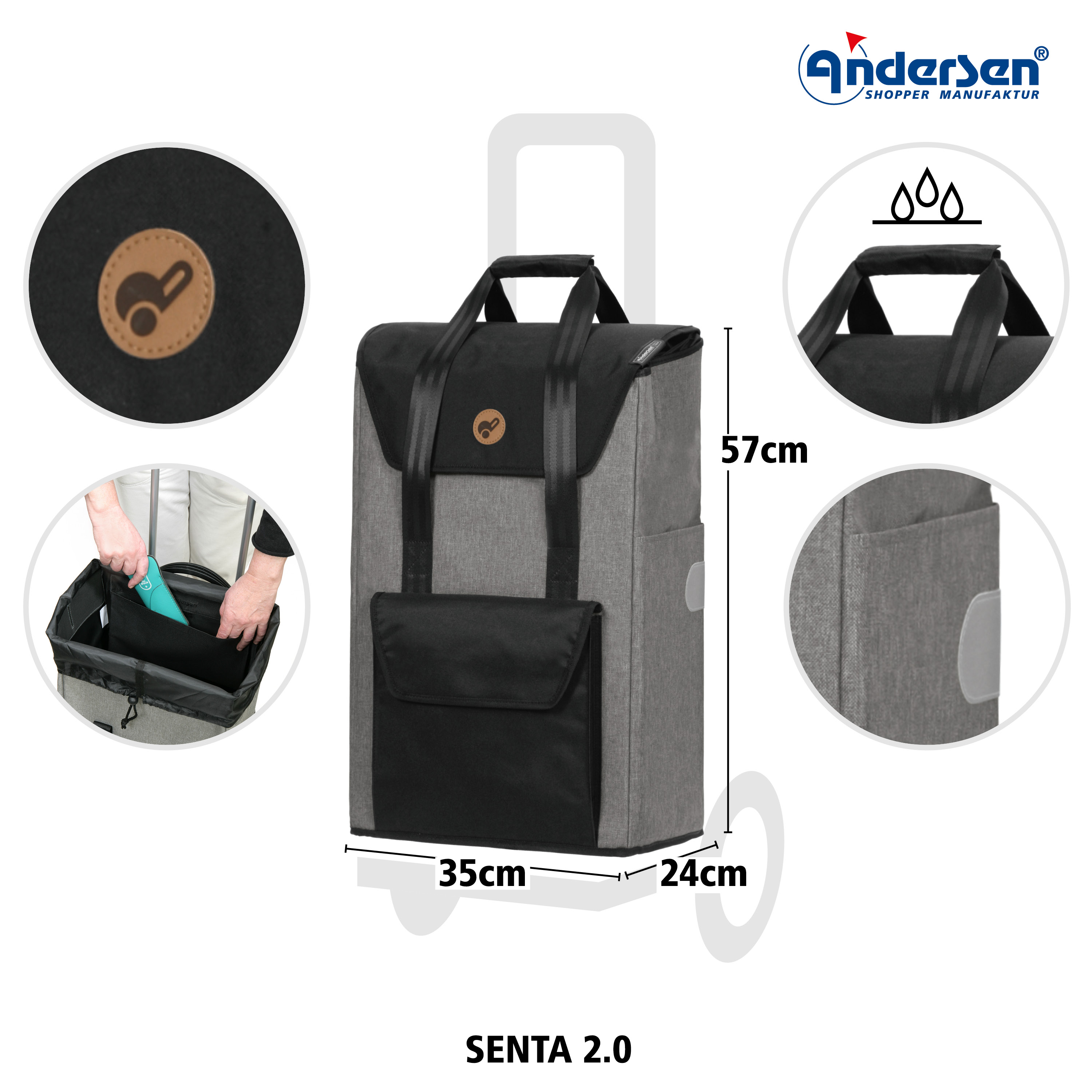 Andersen Royal Shopper mit Tasche  Senta 2.0 in Grau oder Schwarz, 3 Speichenrad 
